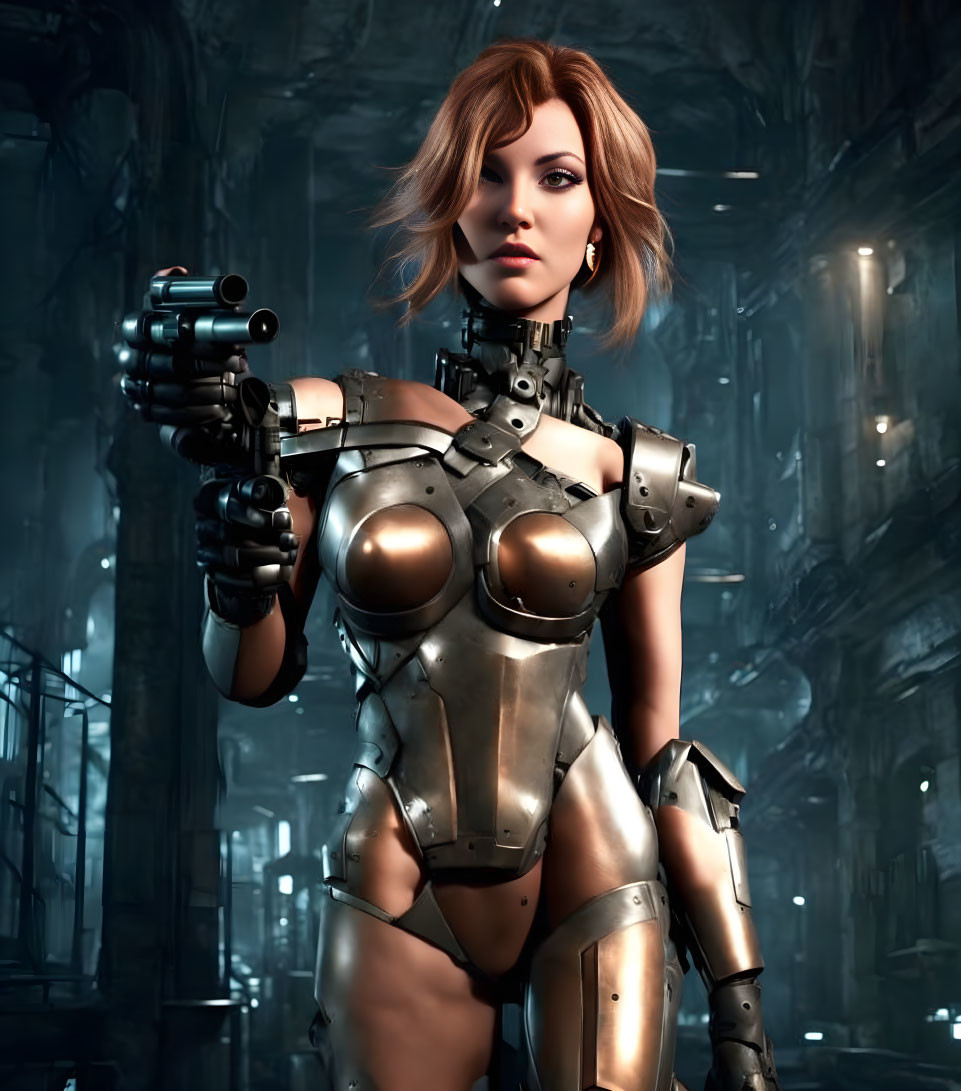 Female Cyborg Holding Gun in Futuristic Industrial Setting