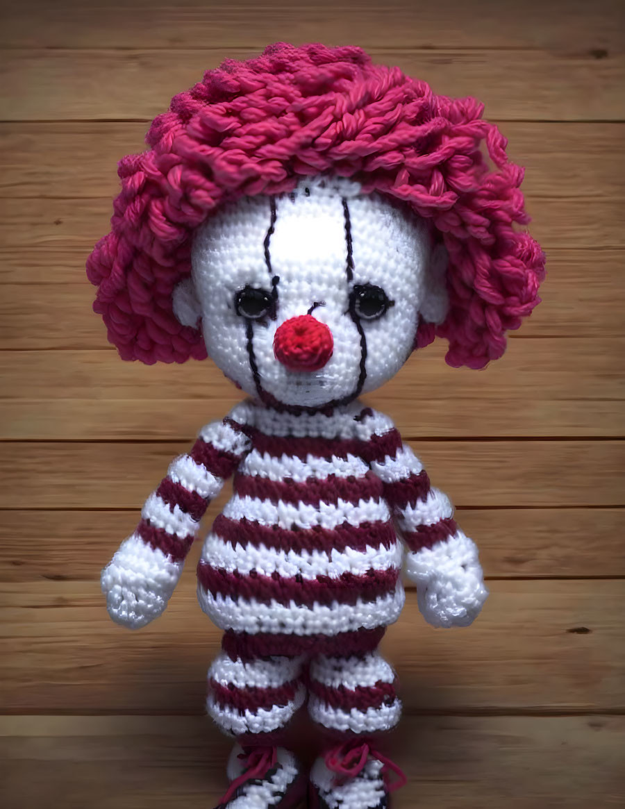 Crochet clown doll with striped body, red nose, and curly pink hair on wooden floor