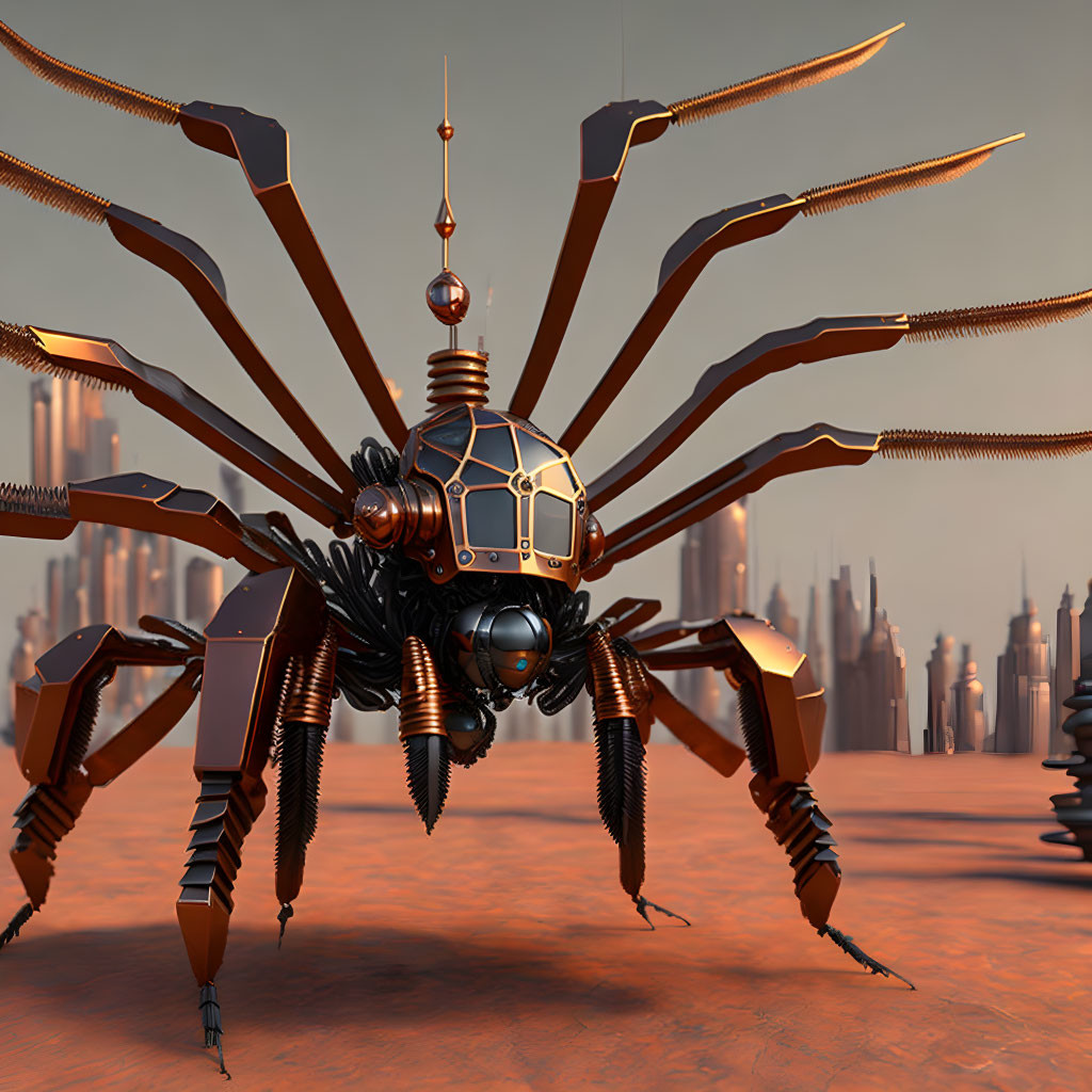 Detailed 3D illustration of large mechanical spider in futuristic cityscape