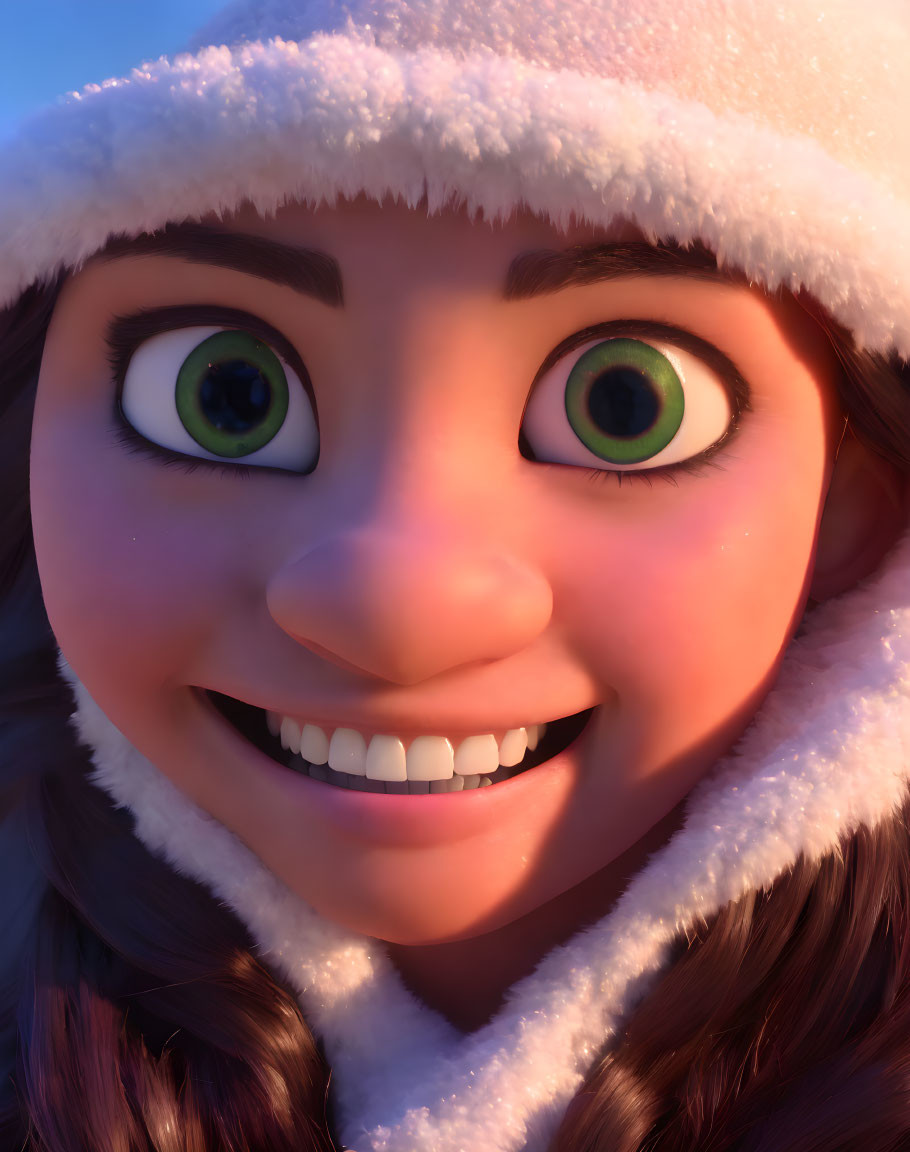 Smiling animated girl with green eyes in snow-covered hat