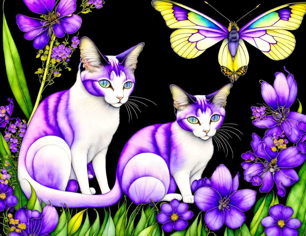 Purple-striped cats with butterfly and flowers on black background