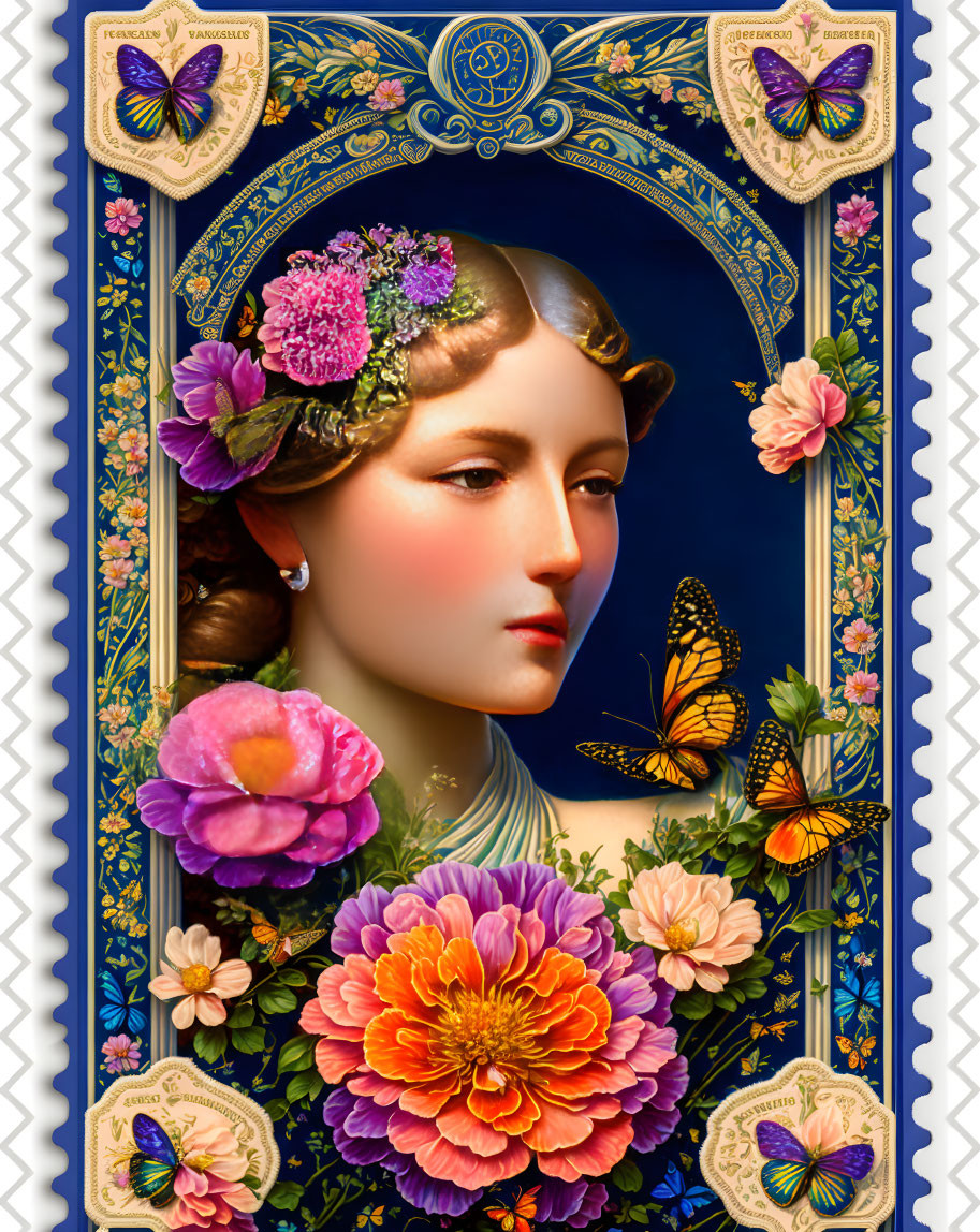 Woman portrait with floral adornments and butterflies in blue and gold frame