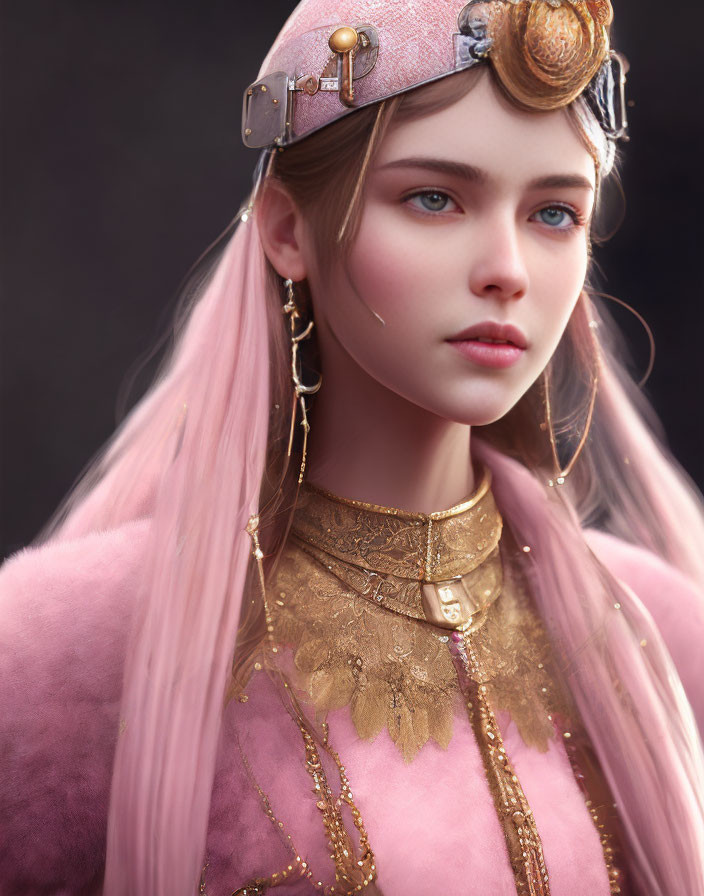 Digital artwork featuring young woman with pink hair, golden accessories, and unique headpiece