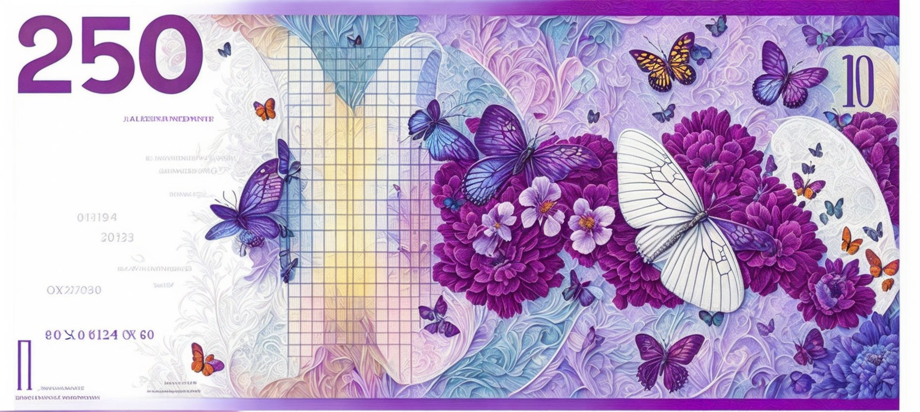 Vibrant 250 Denomination Banknote with Floral Patterns, Butterflies, Guitar, and Security