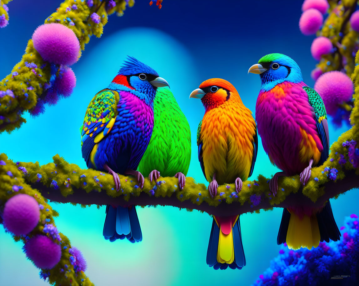 Colorful imaginary birds on branch with purple and pink flora against blue background