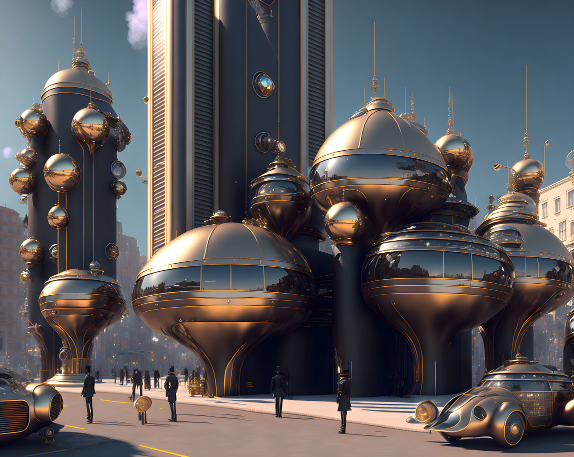 Spherical metallic buildings in futuristic cityscape with vintage cars and pedestrians