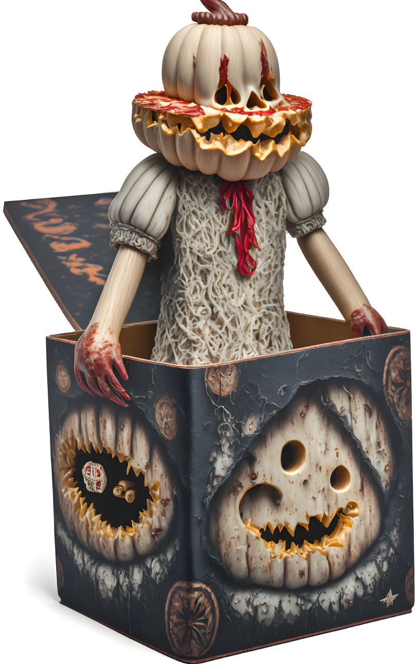 Jack-o'-lantern figure in pie crust ruff emerges from box with red hands, evoking