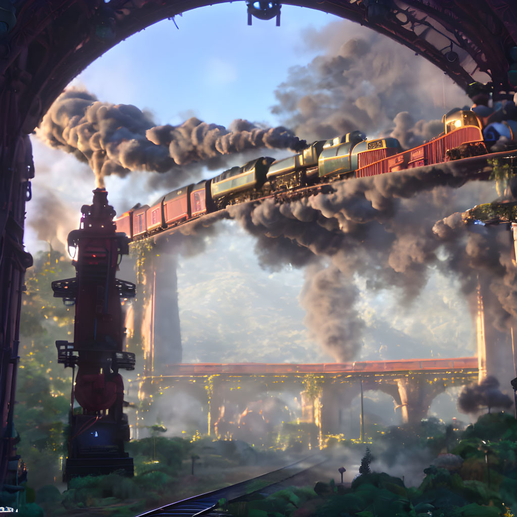 Fantastical train crossing high bridge in lush landscape with dynamic sky.