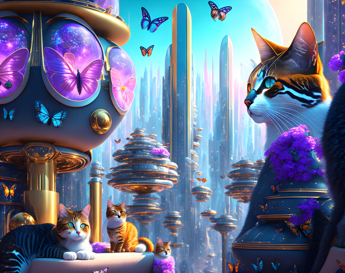 Colorful futuristic landscape with giant cat and whimsical structures.