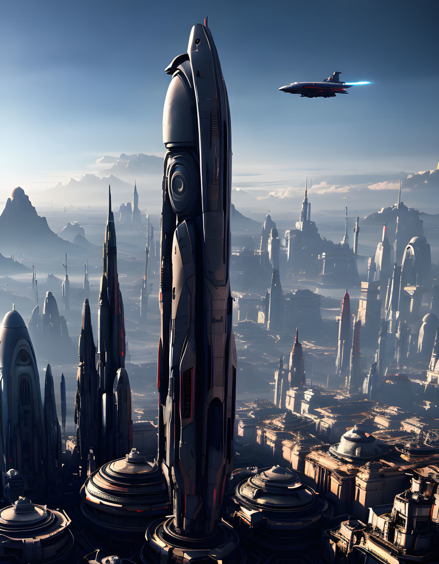 Futuristic cityscape with spaceship, mountains, and blue sky