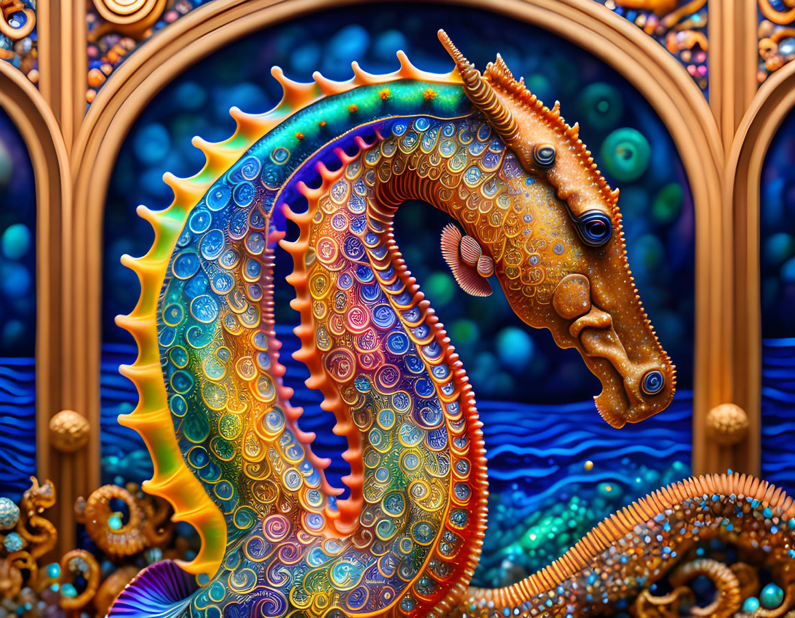 Detailed seahorse illustration with intricate patterns and textures in fantastical underwater scene