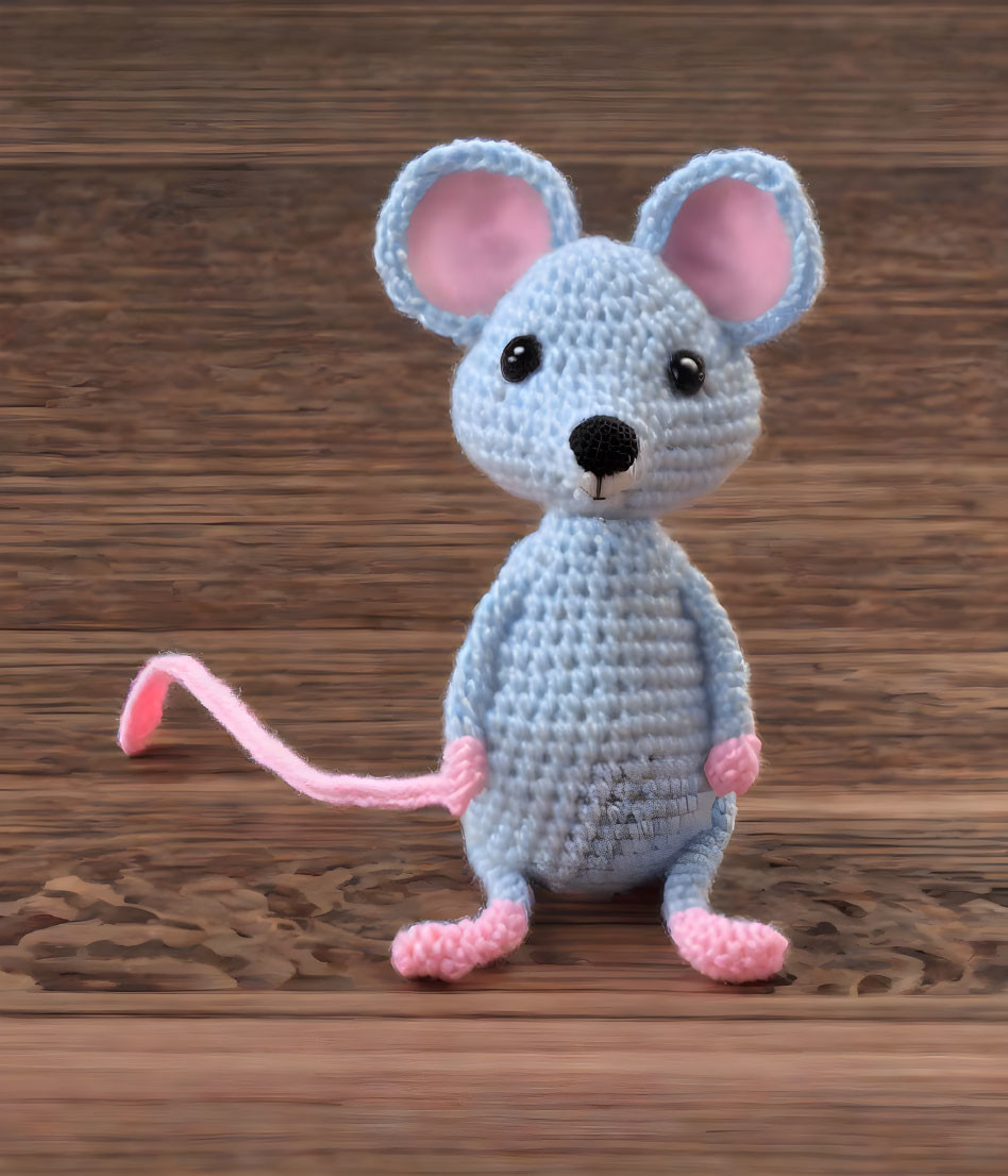 Grey Crocheted Toy Mouse with Pink Ears on Wooden Surface