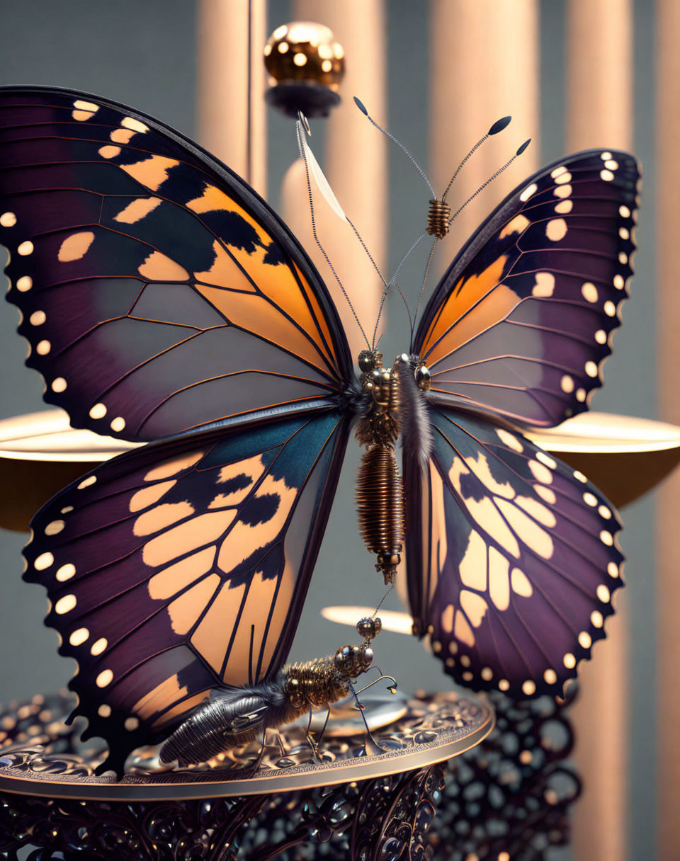 Intricate mechanical butterfly on metal structure with smaller insects