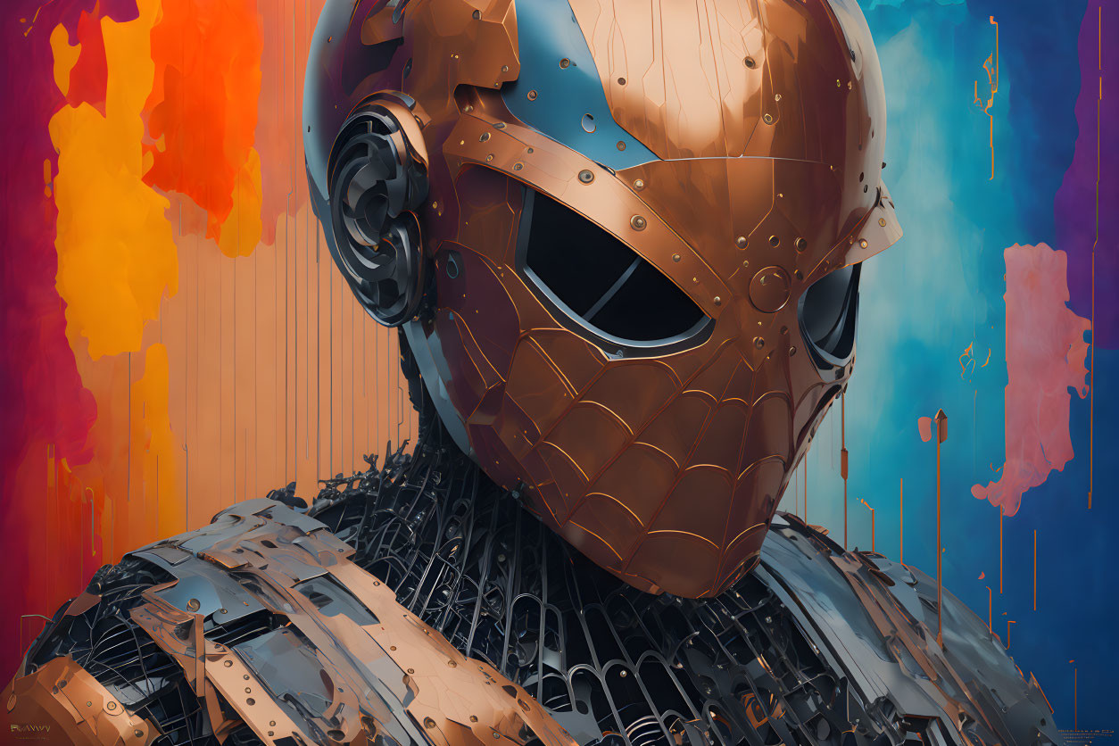 Detailed Metallic Robot Head Illustration on Vibrant Abstract Background