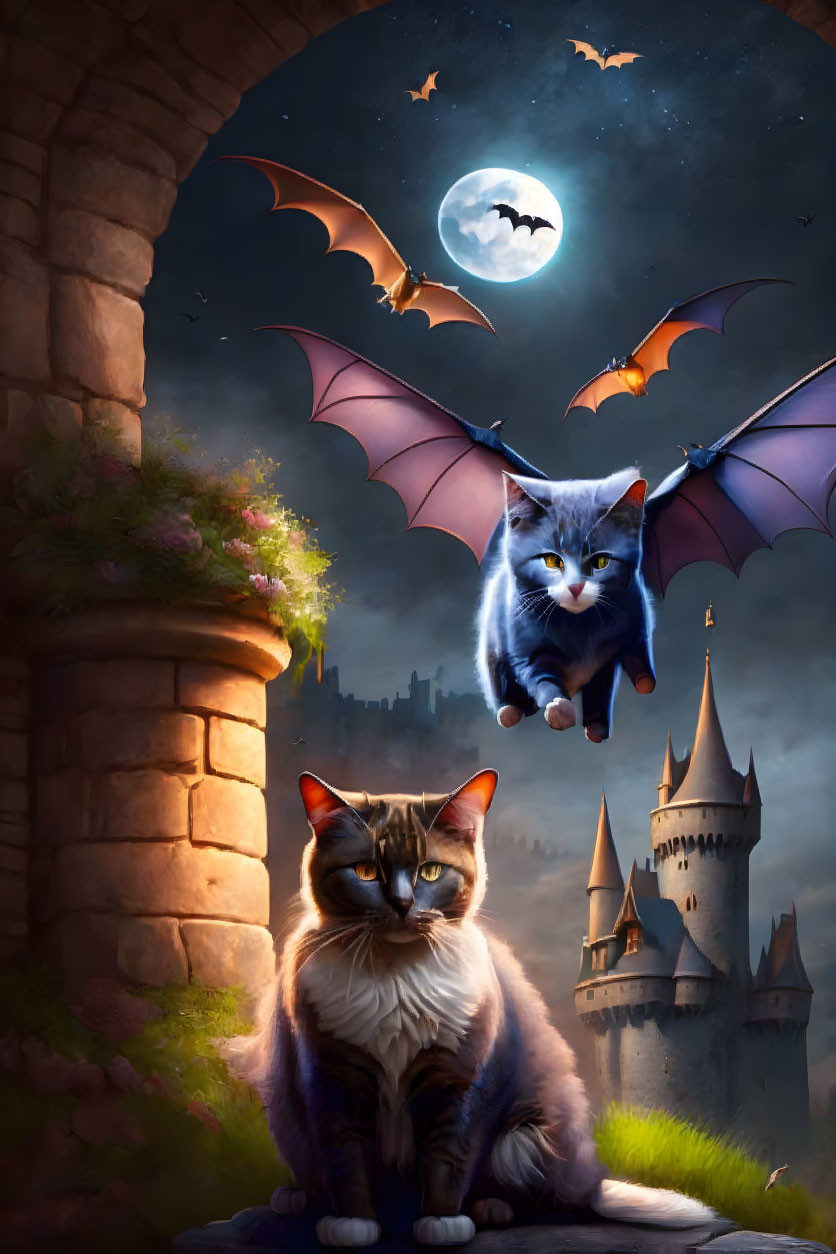 Stern cat in fantasy landscape with flying feline and castles.