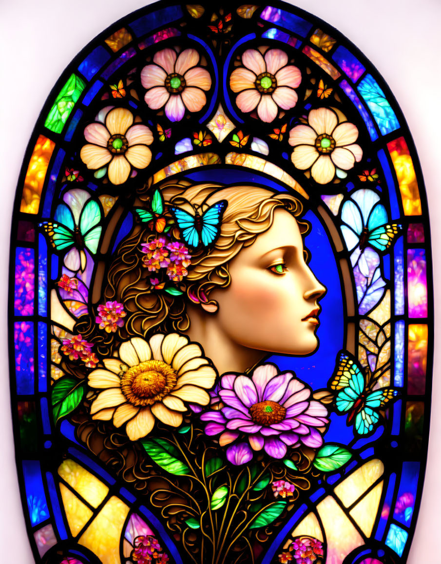 Art Nouveau Style Stained Glass Window with Woman Profile, Flowers, Butterflies