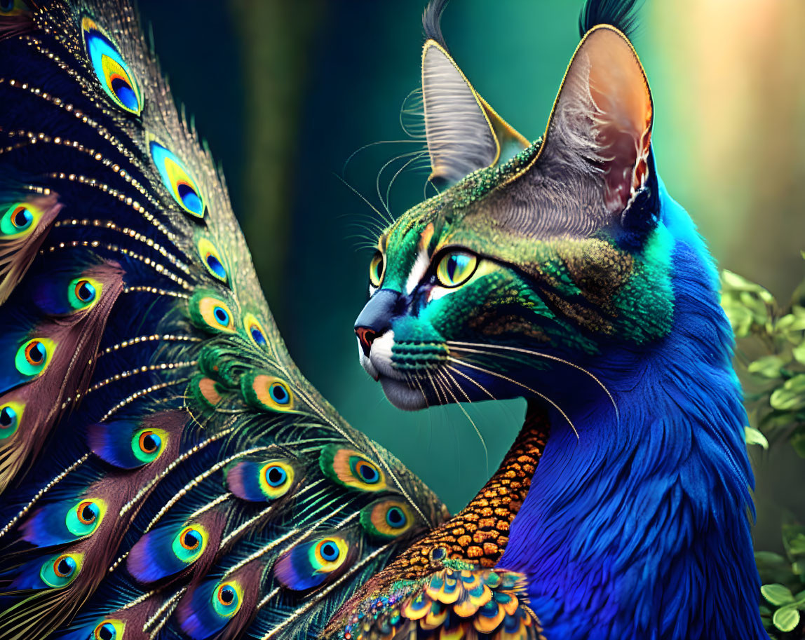 Colorful Digital Art: Blue Cat with Peacock Feather Patterns