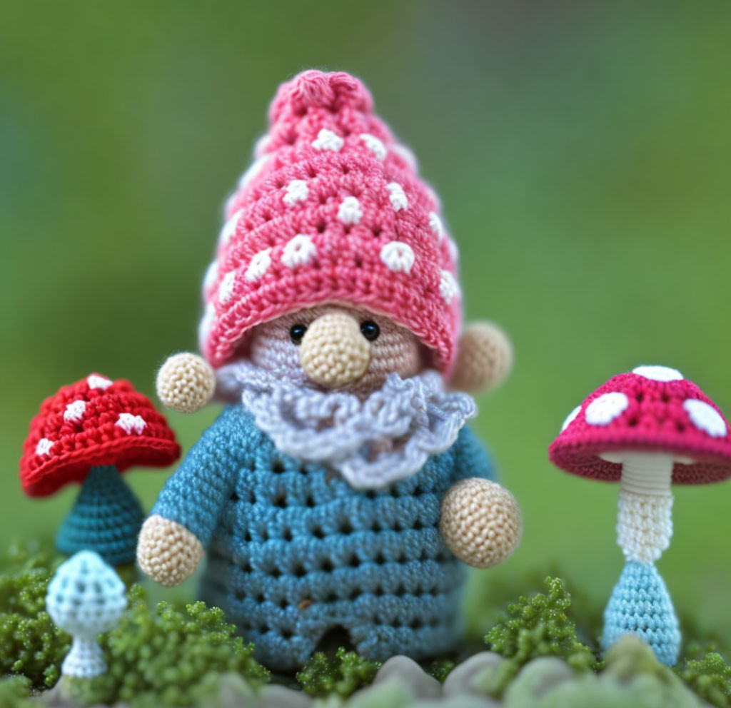 Handmade Crochet Gnome in Blue Outfit with Pink Hat Among Colorful Miniature Mushrooms