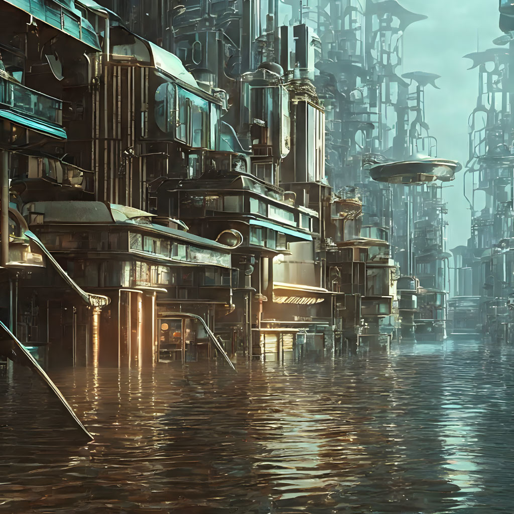 Futuristic cityscape with metallic towers reflected in water under a blue haze