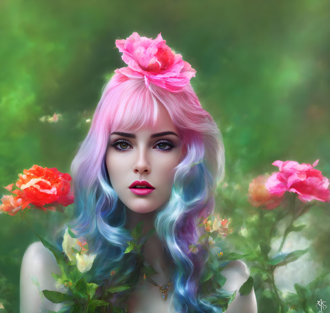 Portrait of woman with pastel pink and blue hair and floral background