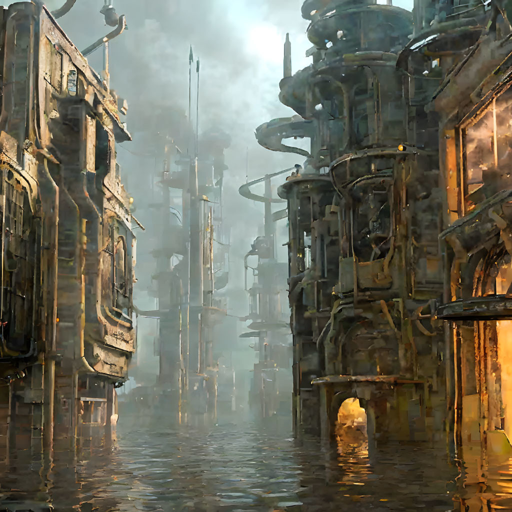 Dilapidated futuristic cityscape with waterway, towering buildings, and pipes in golden sunlight