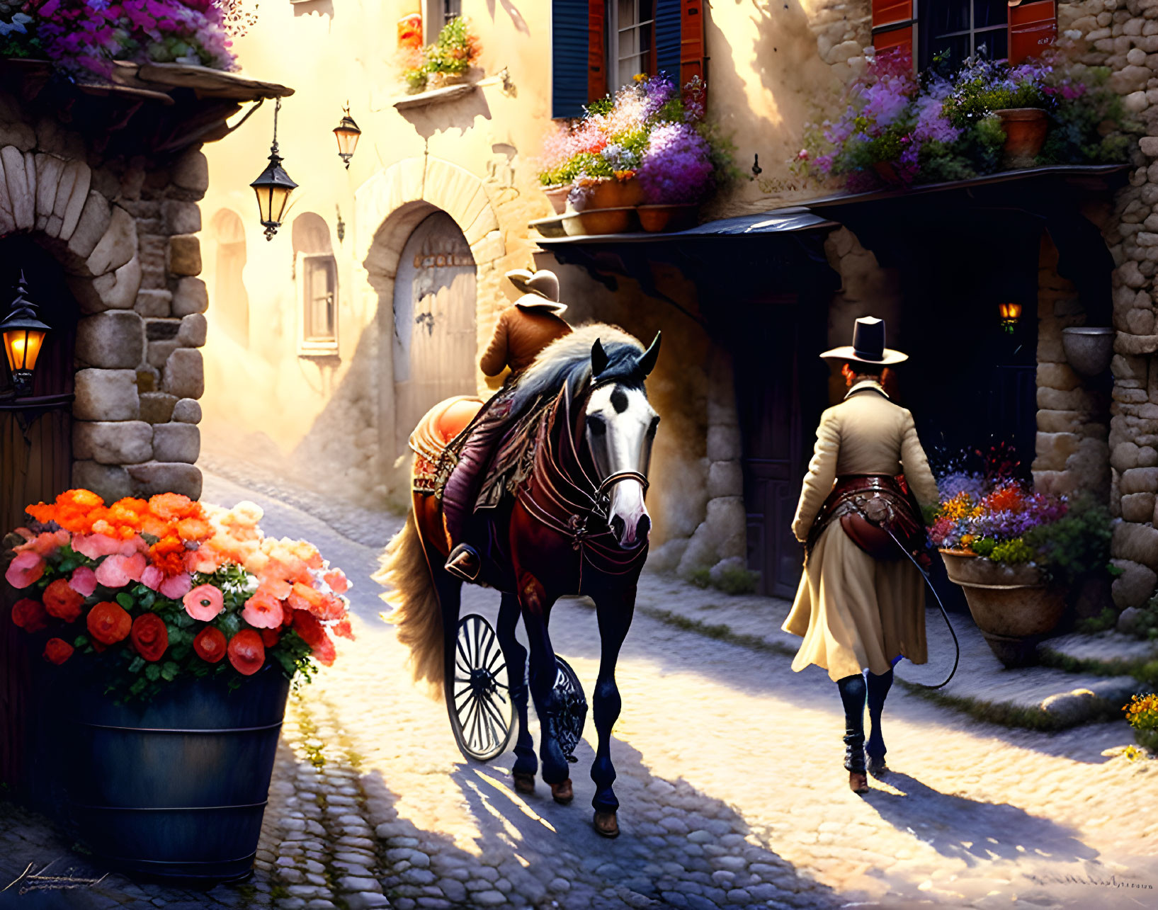 Person in cloak leading horse through cobblestone alley with vibrant flowers and vintage lanterns.