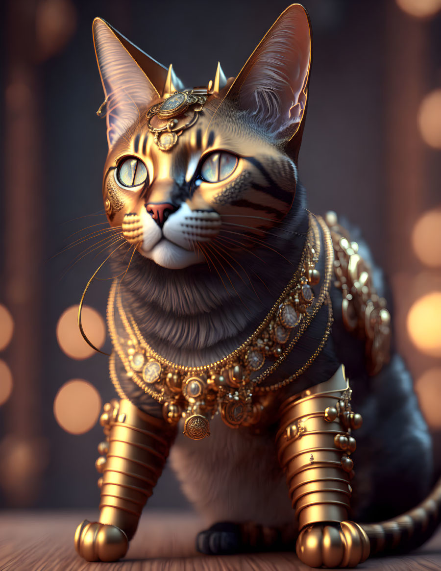 Majestic digital artwork: Cat with golden jewelry on bokeh background