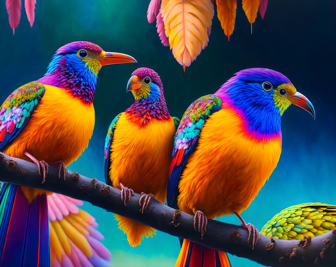 Colorful Birds Perched on Branch Against Dark Foliage