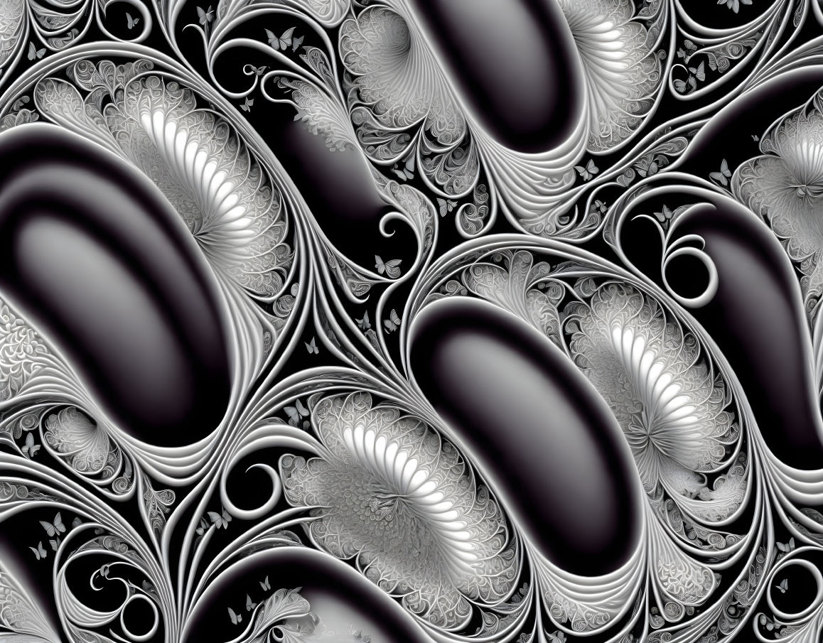 Monochromatic fractal image: intricate organic patterns, smooth elliptical shapes, delicate lace details