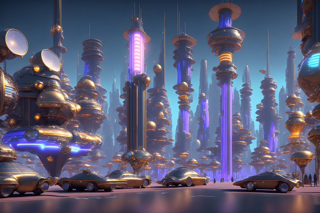 Futuristic twilight cityscape with glowing skyscrapers & flying vehicles