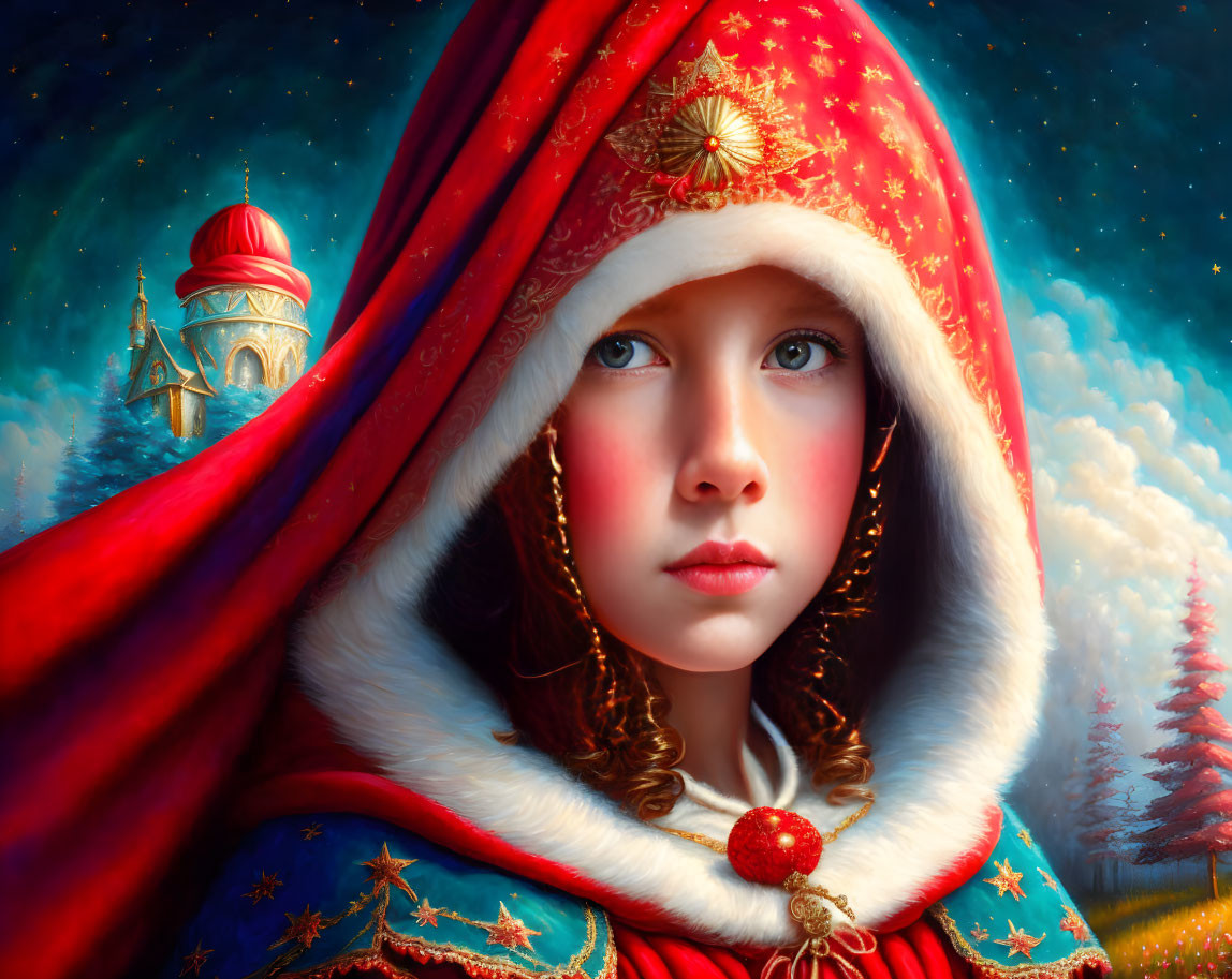 Digital art portrait: Young girl in red and white cloak with magical winter landscape.