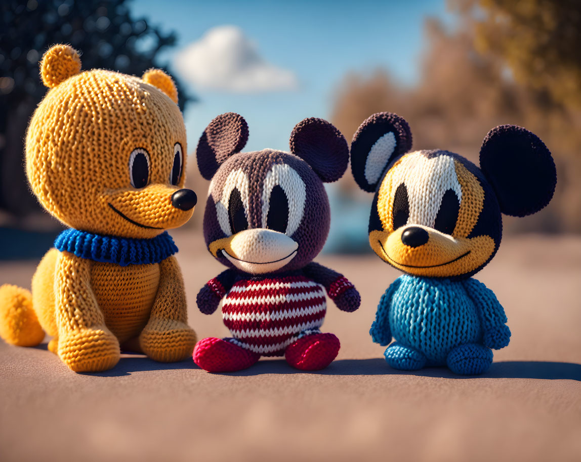 Knitted Cartoon Character Stuffed Toys on Sandy Surface