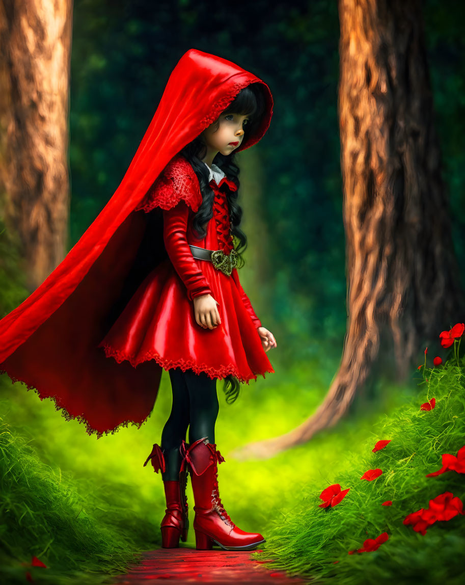 Girl in Red Hooded Cloak on Forest Path with Trees and Red Flowers