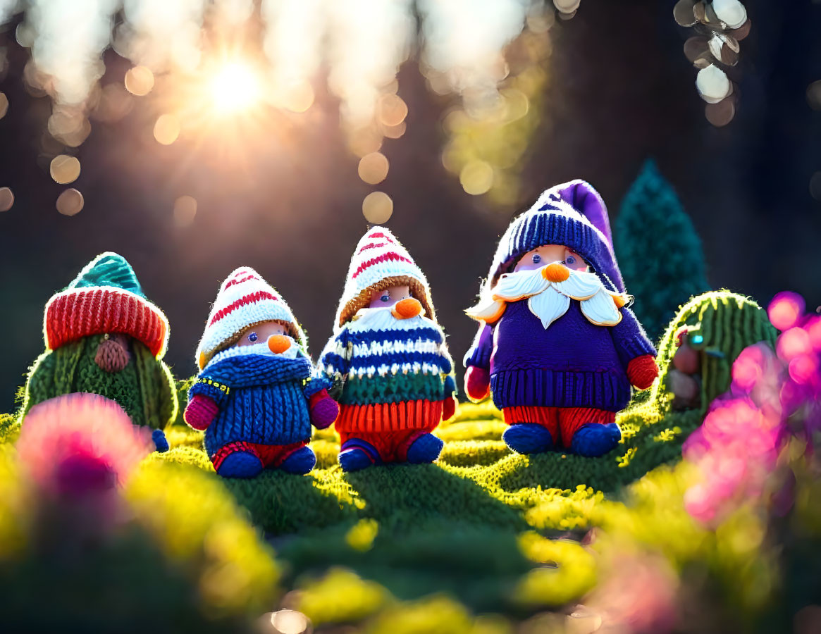 Vibrant gnome figurines in sunlit garden with flowers