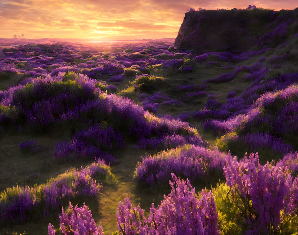 Scenic sunset landscape: rolling hills with purple heather under warm sky