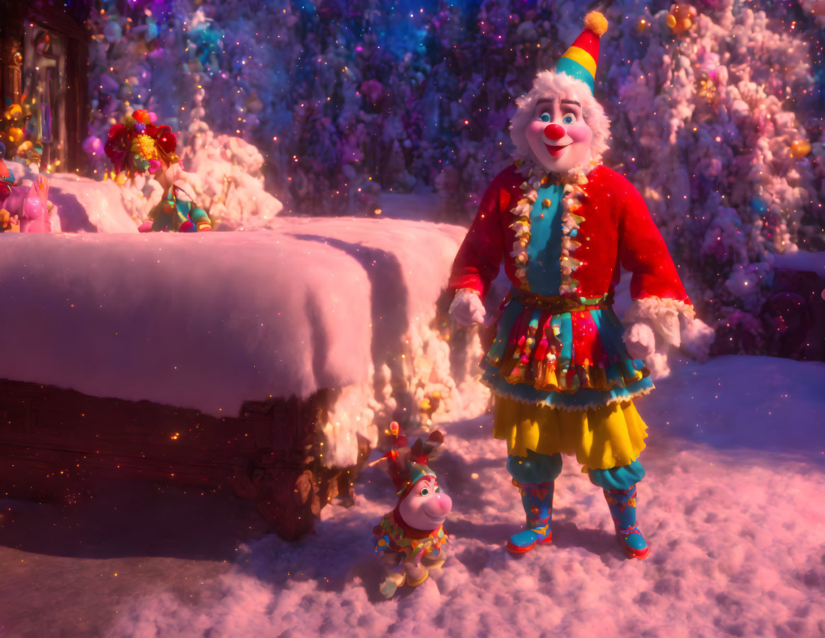 Vibrant Snowy Landscape with Clown and Small Character