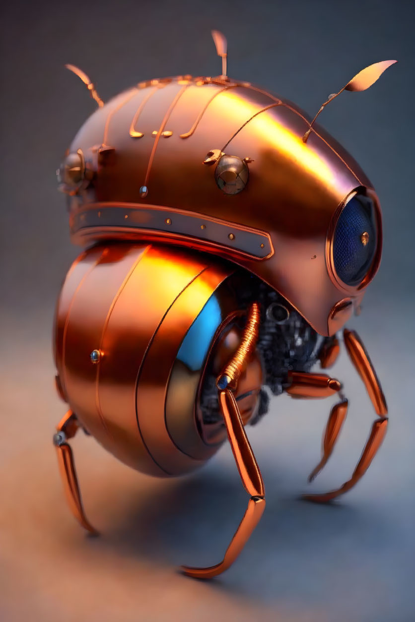 Steampunk-style robotic insect with shiny copper body and glowing internal parts.