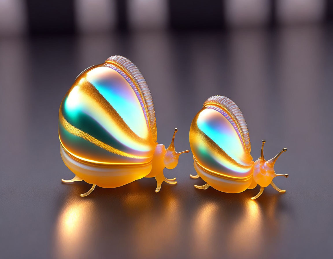 Vibrant snails with iridescent shells on reflective surface