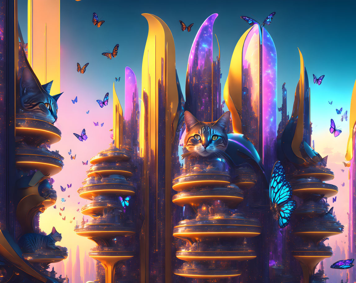 Futuristic digital artwork: Cats in golden cityscape with vibrant butterflies