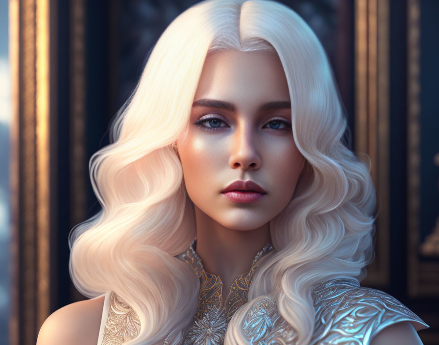 Blonde Woman in Silver Armor with Blue Eyes Portrait