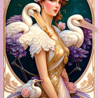 Floral headband woman with swans in art nouveau style