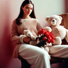 Woman in Cozy Sweater with Teddy Bears and Red Flowers