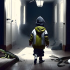 Child in Hoodie Standing in Hallway Surrounded by Toy Crocodiles