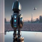 Intricate futuristic robot overlooking cityscape at dusk