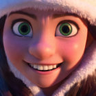 Smiling animated girl with green eyes in snow-covered hat