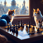 Four Cats with Crowns Playing Chess in Sunlight