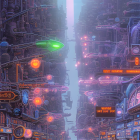 Futuristic cityscape with towering cylindrical structures and floating orbs.