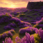 Scenic sunset landscape: rolling hills with purple heather under warm sky