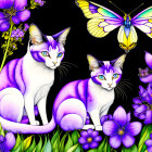 Purple-striped cats with butterfly and flowers on black background