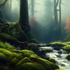 Enchanting forest scene with sunbeams, pink flowers, mossy stones, stream, and